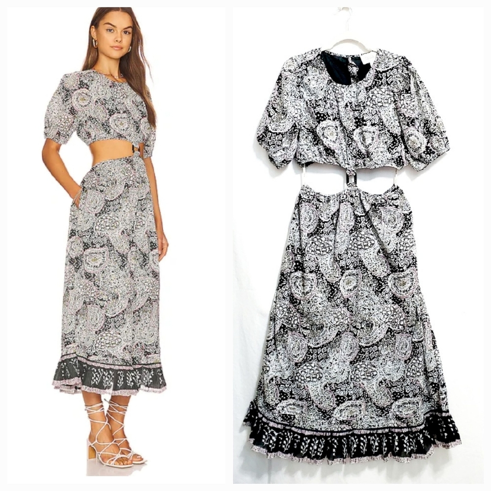 Cleobella Josephine Midi Dress Black Geo Print Boho Cutout Puff Sleeve Large